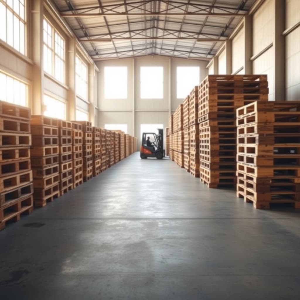 Depoda düzenli istiflenmiş sağlam ahşap paletler ve forklift